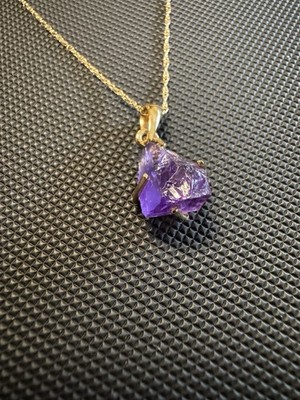 14K Gold Necklace With Genuine Uncut Amethyst Embedded Into Pendant. 18 In, New