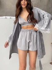 Women's Satin 3-Piece Loungewear Set With Lace Trim Robe, Bralette, And Shorts