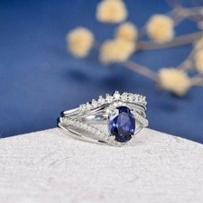 2Ct Oval Cut Simulated Sapphire Wedding Bridal Ring Set In 14K White Gold Plated