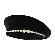 Minache Women Girls Velvet Beret Pearls French Beret Solid Medium-Large Black