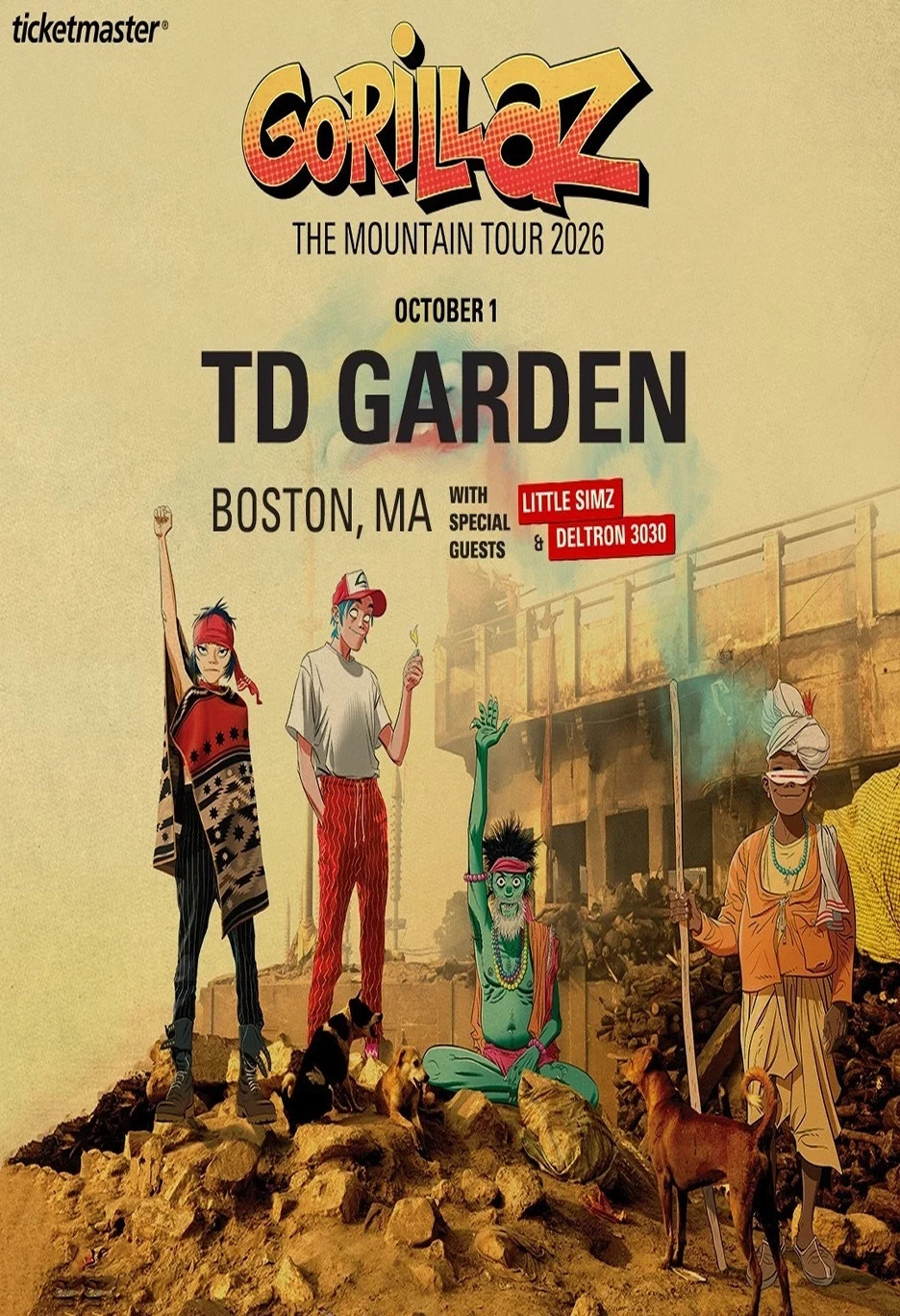 Gorillaz /Little Simz /Deltron 3030 "Mountain Tour 2026" Boston Concert Poster