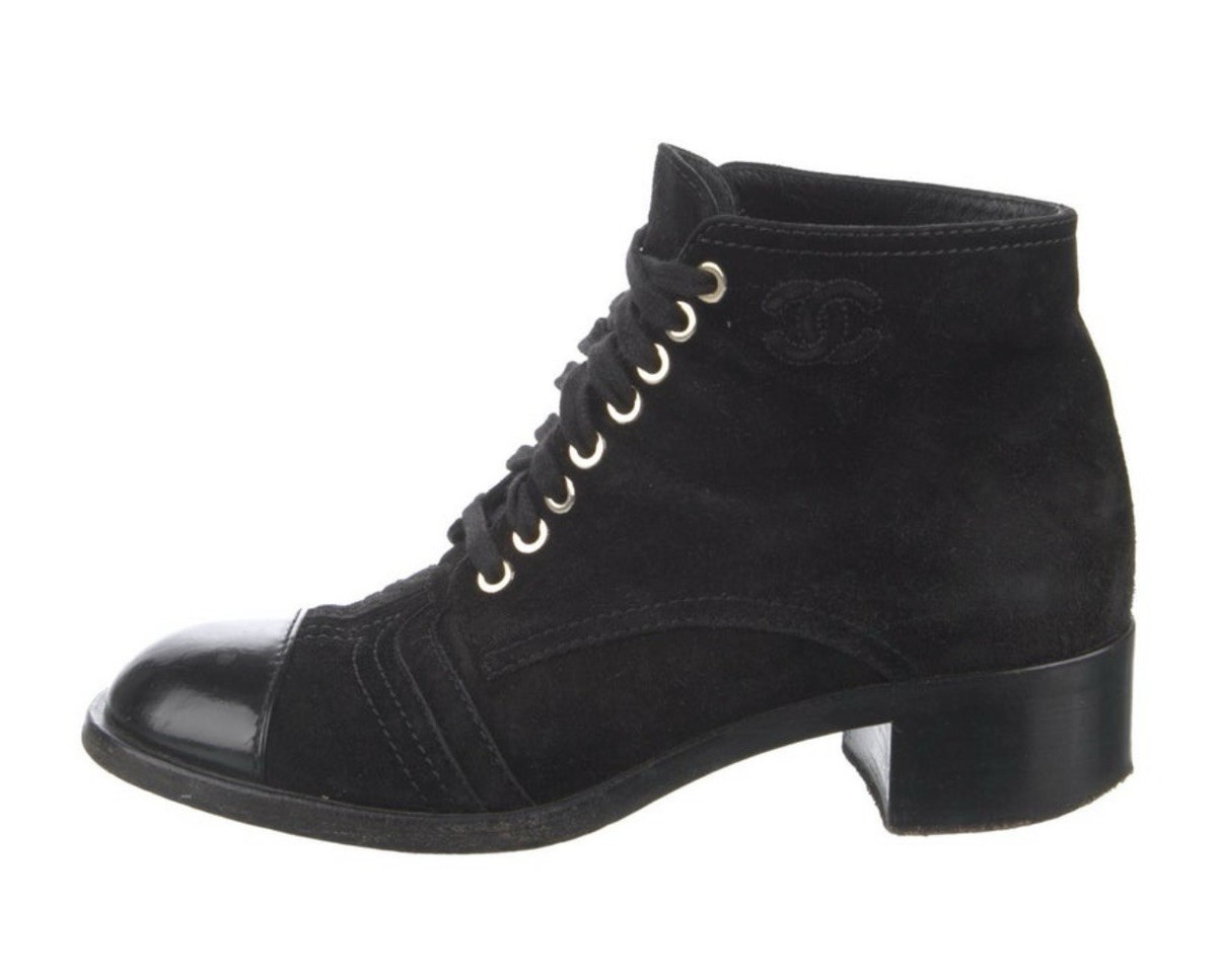 Chanel Black Suede Ankle Lace Up Combat Boots IT With