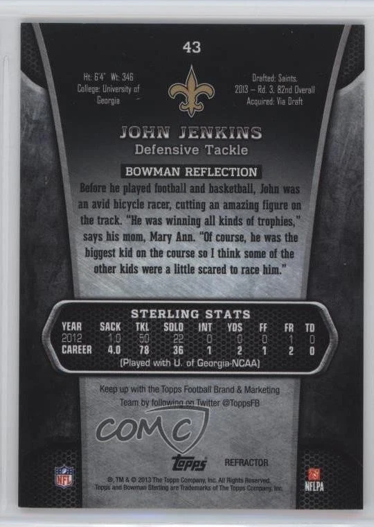 2013 Bowman Sterling Gold Refractor /50 John Jenkins #43 Rookie RC - Image 2 of 2