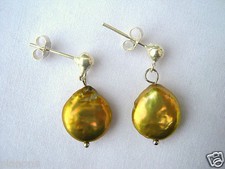 Golden Freshwater Coin Pearl Dangle Earrings Sterling Silver .925
