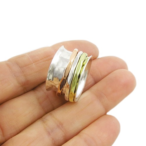 925 Sterling Silver Fidget Ring Mixed Metals Copper Circle Spinning Ring Size N - Picture 2 of 5