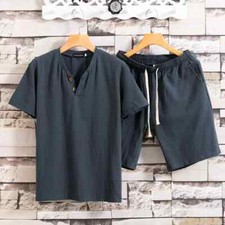 Men's Short Sleeve Shorts Set Cotton Linen Two Button Men T-shirt Two-piece Set