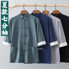 New Mens Breathable Hanfu T-Shirts Retro Tangzhuang Cardigan Loose Button Shirts