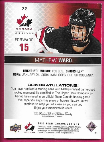 2022-23 Upper Deck UD Team Canada Juniors Hockey Jersey ''You Pick from list'' - Picture 36 of 108