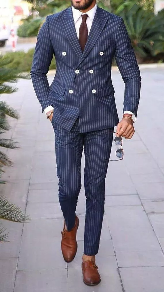 Navy stripe double breasted suit sale