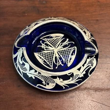 Vintage Cobalt And Silver Overlay Ashtray With Three Bells