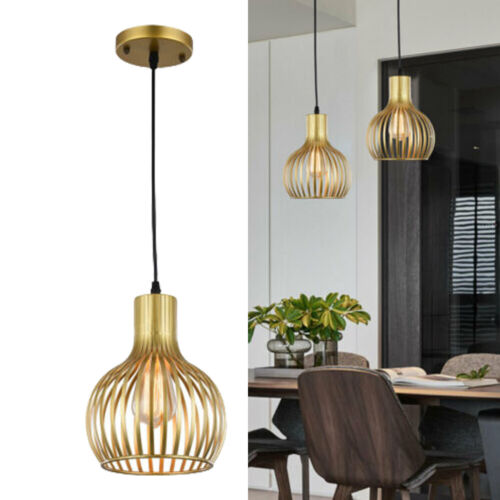 Modern Pendant Light Fixture Gold Hanging Ceiling Kitchen Island Metal Cage Lamp