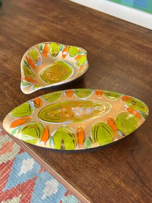 Sascha Brastoff MCM Stash Box & Ashtray Matching Suite in Gold Orange & Green