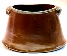 Studio Art Pottery Brown Bronze Shimmer Glaze Oblong Handled Planter Signed MJE