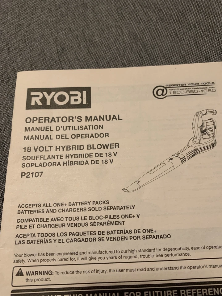 Genuine RYOBI 18 Volt Hybrid Blower - Model P2107 - Operator's Manual Only  - Image 2 of 3