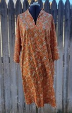 Vintage Polyester House Dress Earth Tones Orange Floral Print Olive Green