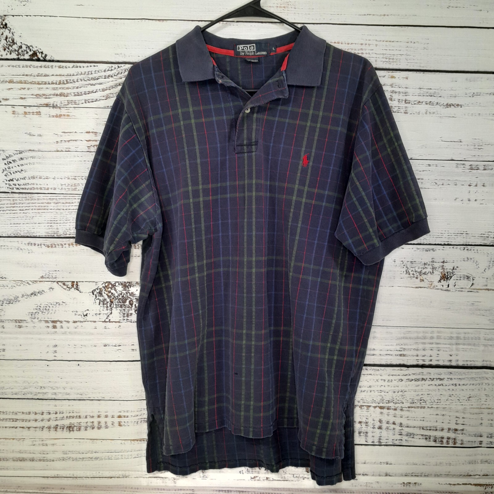 Camicia Ralph Lauren vintage uomo L polo blu multicolore griglia rosso pony anni 80 USA