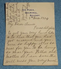 1914 Handwritten Letter On Hotel Stationery? The Pines Balmoral Belfast Ireland
