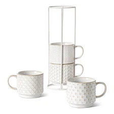 LE TAUCI Stackable Coffee Mugs Set with Stand, Ceramic Embossment Coffee Cups...