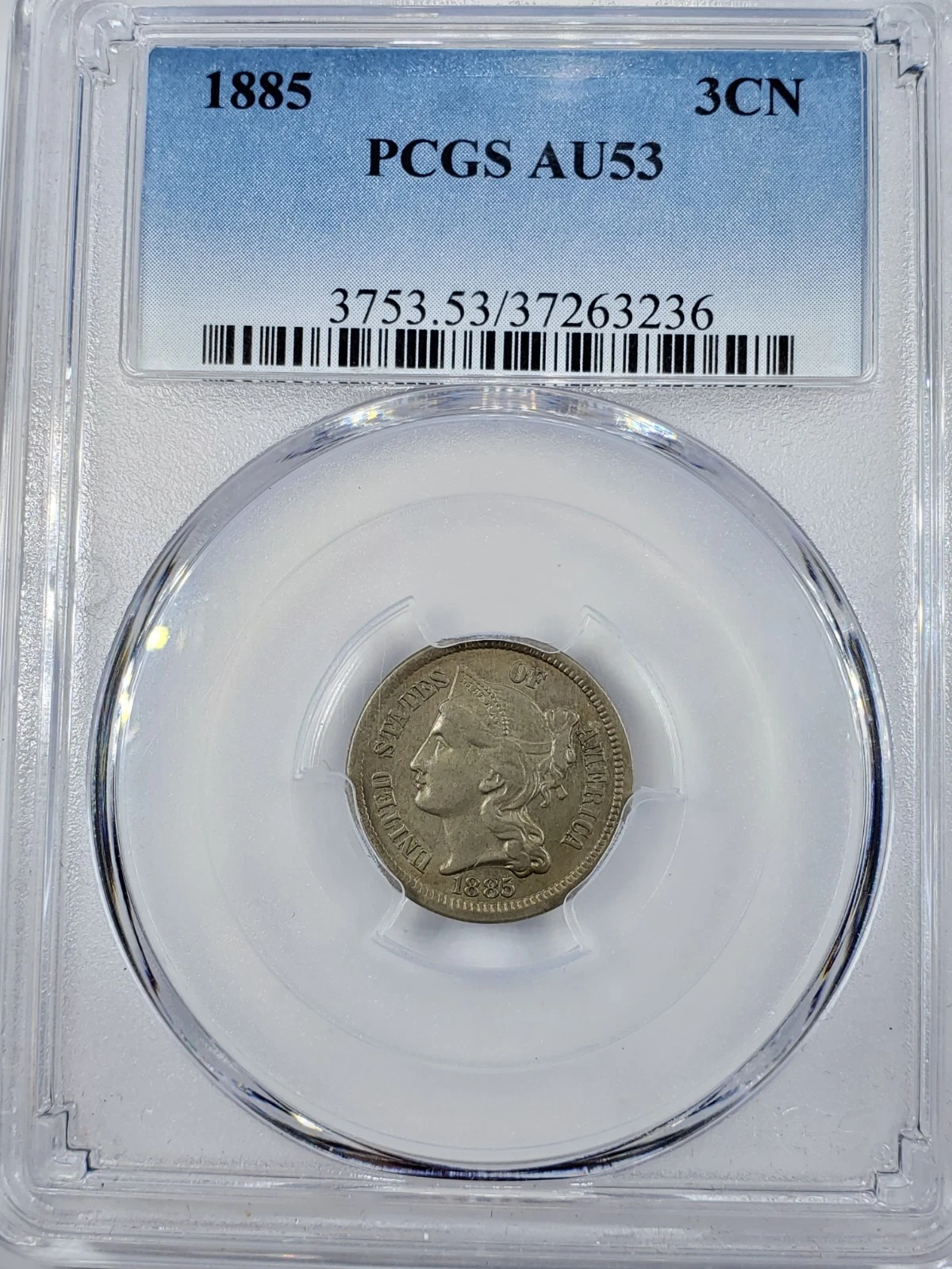 1885 Three Cent Nickel PCGS AU53