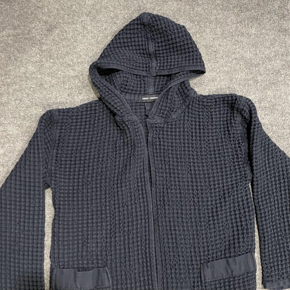 Onsen x Huckberry Waffle Robe Mens Medium Navy Blue Hooded Supima Cotton - Image 3 of 4