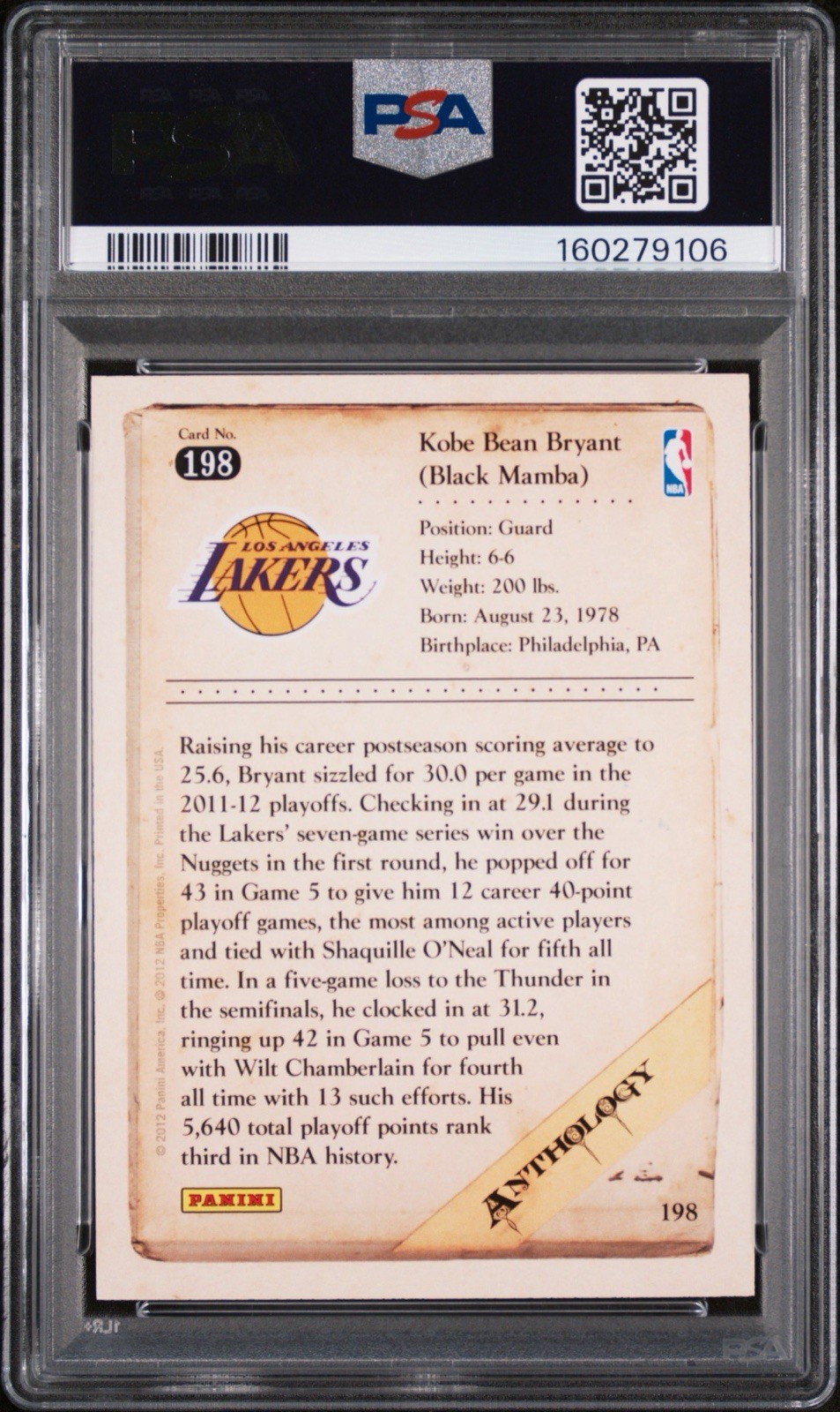 2012 PANINI KOBE ANTHOLOGY #198 KOBE BRYANT PSA 8 view 2