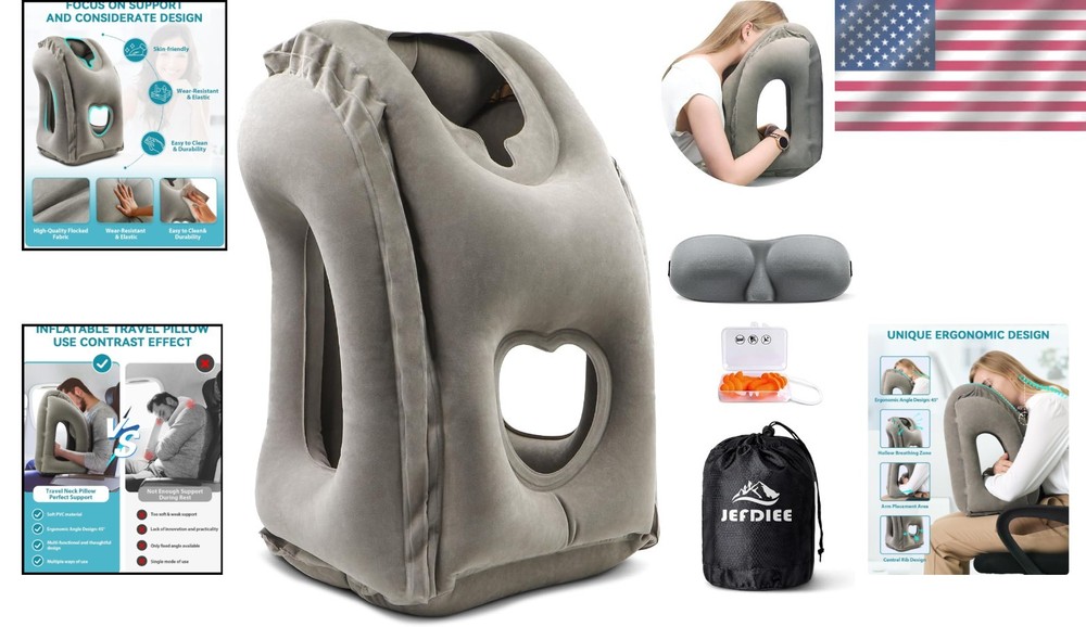 Travel Pillow Inflatable Neck Support Cushion for Airplanes Trains Cars Grey
