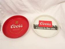 Vintage Lot of TWO Coors Serving Trays Red/White 13" Round Metal 1960's-80