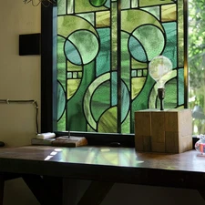 Faux Stained Glass Effect Window Privacy Film, Original Hand Dawn Static Clin...