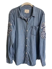 Rails Ingrid Medium Vintage Denim Shirt White Floral Patches Large 