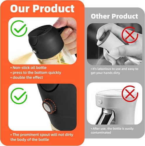 Dispensador rociador de aceite de oliva de vidrio de 16 oz 2 en 1 niebla para verter dispositivo de cocina negro - Imagen 6 de 6