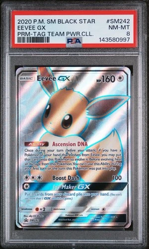 2020 Pokemon SM Black Star Promo Tag Team Powers Collar Eevee GX #SM242 PSA 8
