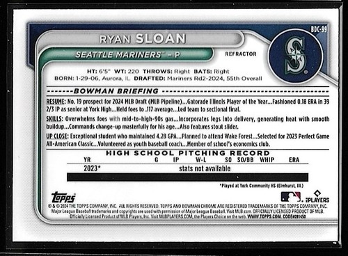 2024 Bowman Chrome Draft Refractor 1st Ryan Sloan Seattle Mariners #BDC-99 - Picture 2 of 2