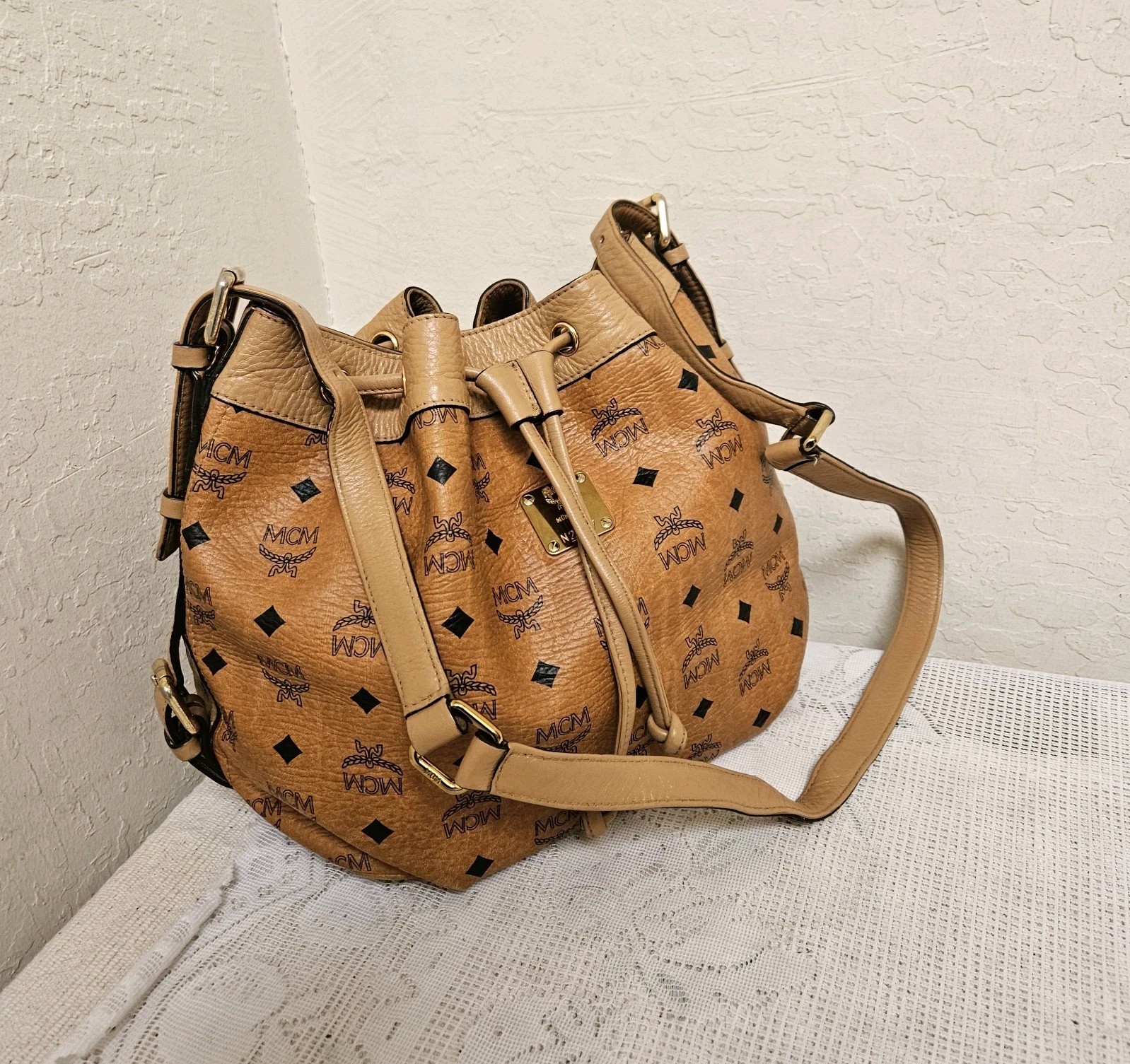 MCM Cognac Medium Drawstring Bucket Shoulder Bag … - image 2