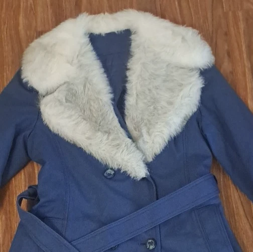 Casaco feminino vintage acabamento de pele azul forrado comprimento médio bolsos resistente à água pequeno - Imagem 2 de 4