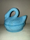 Vintage Porteiux Vallerysthal Swan On Nest Covered Dish Blue Milk Glass
