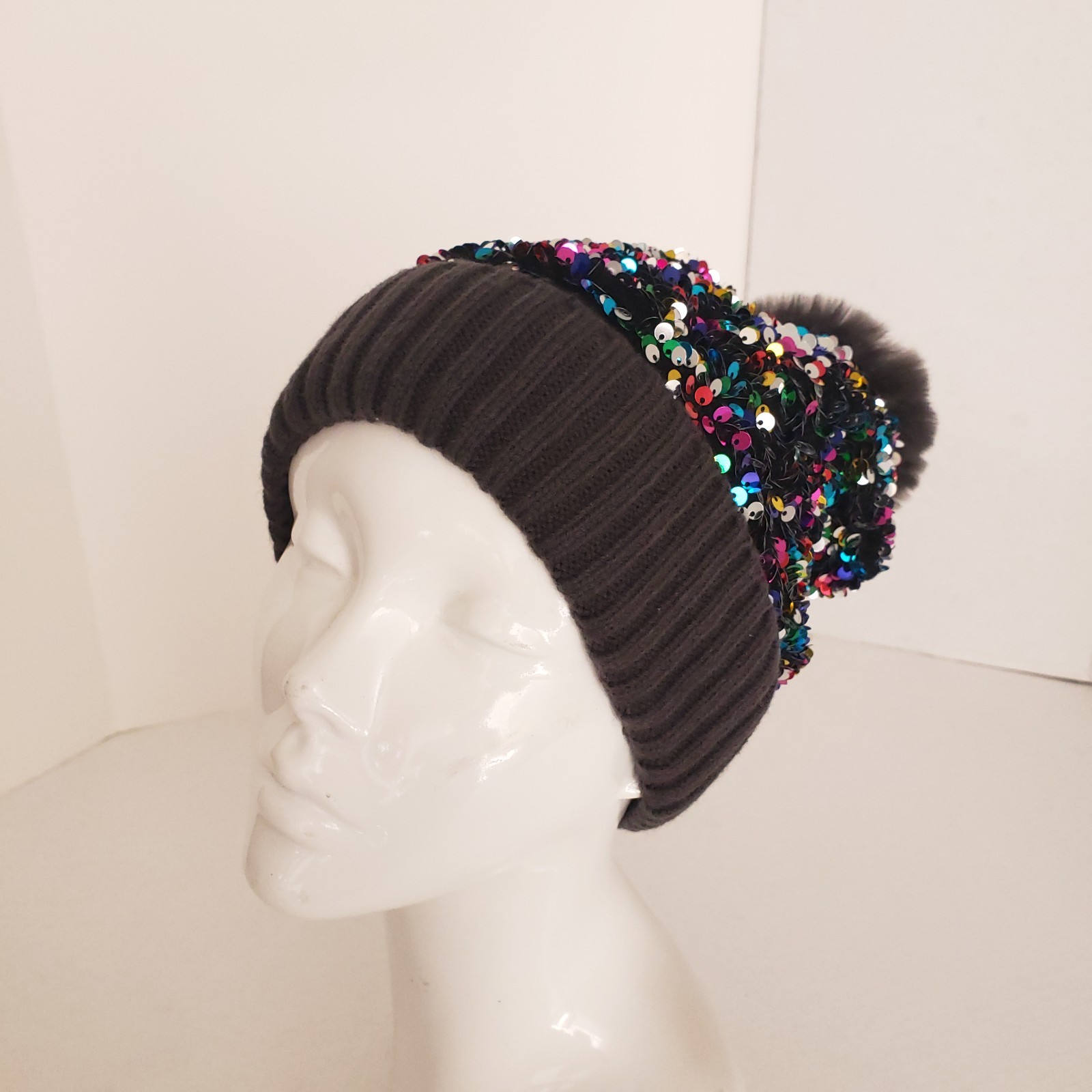 Dull Black Colorful Sequin Winter Beanie Bobble Hat