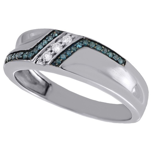 .925 Sterling Silver Blue Diamond Mens Wedding Band Engagement Ring 0.20 Ct. - Picture 3 of 5