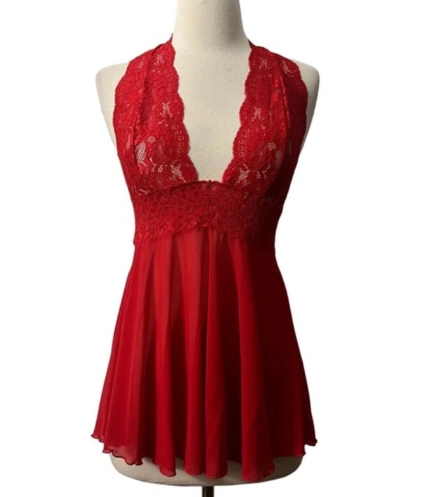 Mini quimise elástica roja Rene Rofe, busto halter de encaje transparente, elástico, pequeño Foto 2 de 4