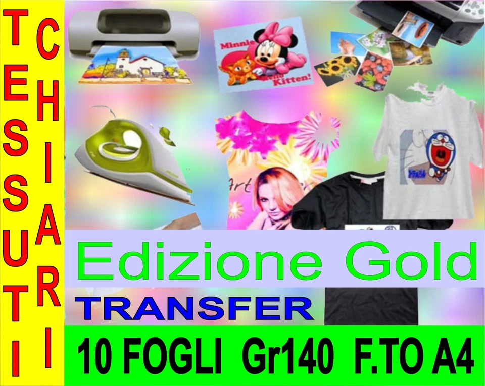 NEW PAPER 10 FOGLI A4 140 GR EDIZ GOLD CARTA TRANSFER FOTOGRA TESSUTI CHIARI STAMPA INKJET