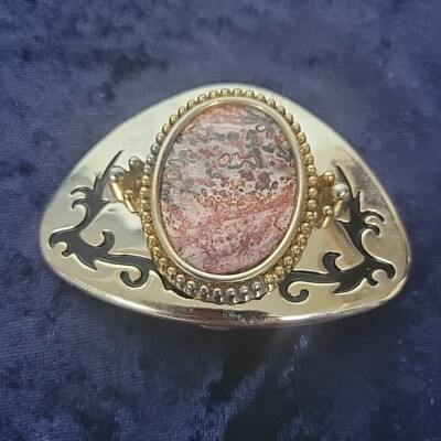 Womens Western Oval Polished Stone- Black, Gold Metal 