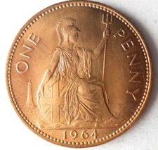 1964 GREAT BRITAIN PENNY - AU/UNC RED - Queen Elizabeth II - FREE SHIP - GbBin