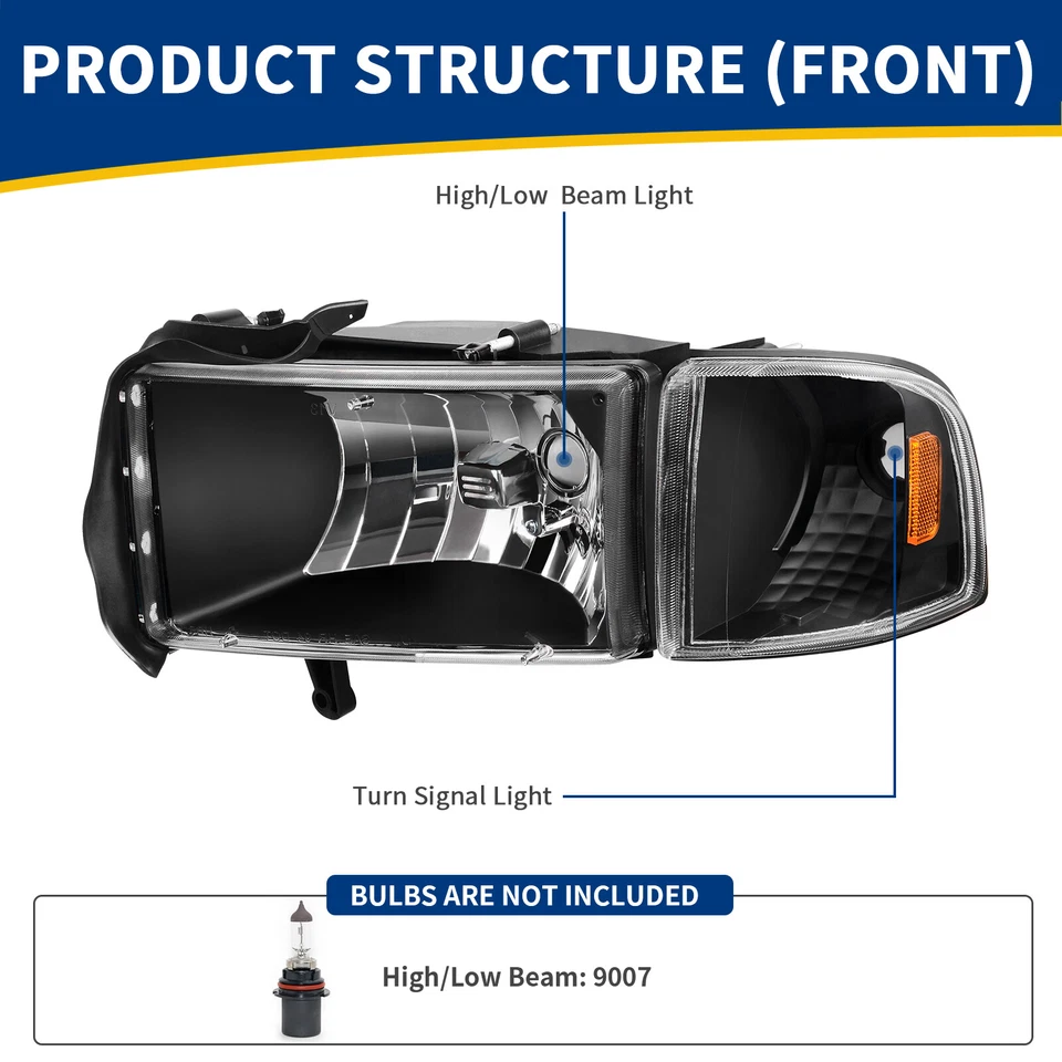 Headlights Assembly For 1994-2002 Dodge Ram 1500 2500 3500 Amber Corner Lamps Foto 3 de 4