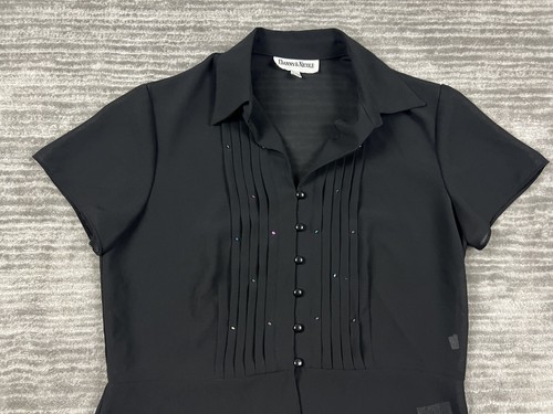 Danny & Nicole Top Womens 12 Black Button up Pintucked Beaded Shortsleeve - Picture 2 of 11