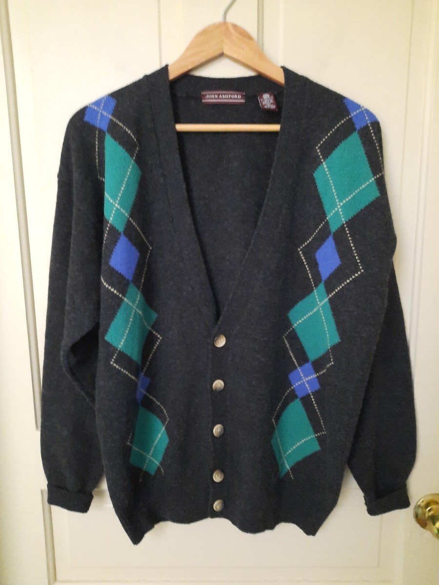 John Ashford 100% Lambs' Wool Cardigan Argyle Sweater Men's L Dark Charcoal  Gray - Main Image