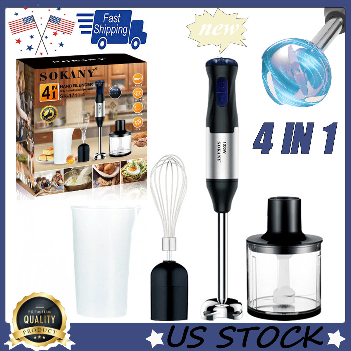 5-in-1 Entire Stainless Steel Blender Hand Immersion Blender Baby food 1000W