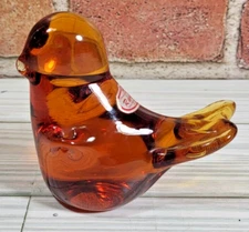 Rainbow Glass Amber Bird Paperweight MCM Art Glass Original Sticker