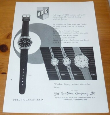 VINTAGE ORIGINAL GROSSE AD ORIS UHREN THE BENTIMA COMPANY 1961