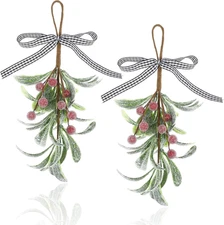 2 Pcs Christmas Mistletoe Decor, Xmas Mistletoe Hanging Ornament with Plaid Bow,