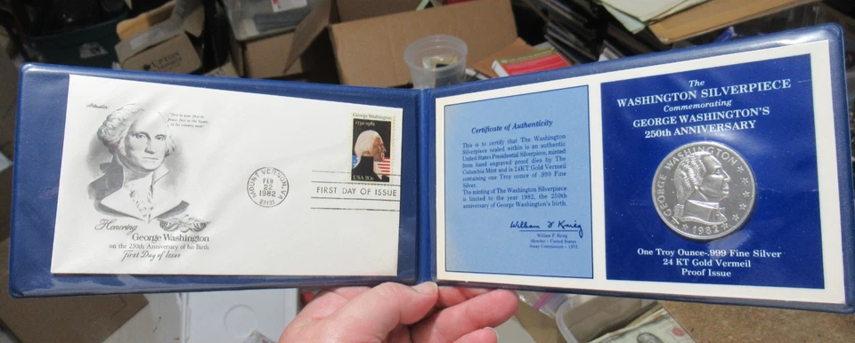 1982 Colombia Mint George Washington 250th Anniv. 1 Oncia 999 Argento Rotondo W/ - Immagine 3 di 4