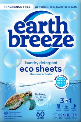 Earth Breeze Laundry Detergent Sheets Fragrance-Free - 60 Loads Eco Liquidless S